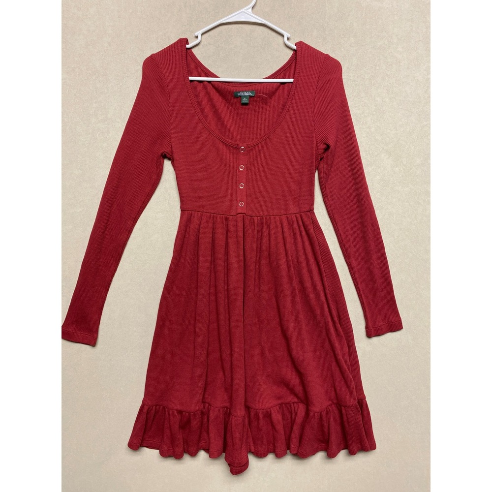 Wild Fable Womens Small Red Waffle Knit Henley Ruffle Mini Dress Long Sleeve
